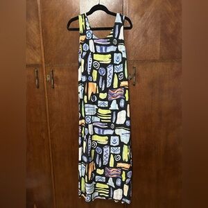 Nina Piccalino maxi dress with a black base and colorful abstract pattern size L